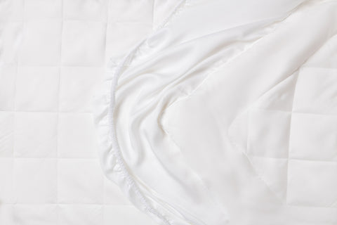 close up of ethical bedding's white mattress topper