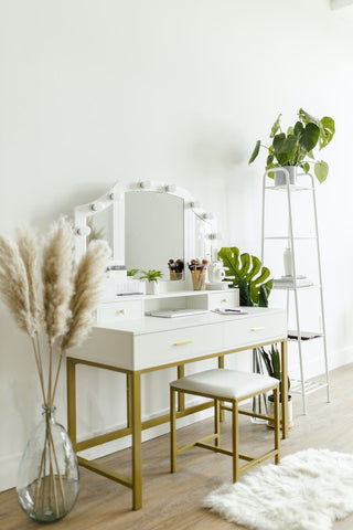 tidy white vanity in bedroom