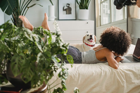 lady lying on bed with dog in bedroom decorated with plants