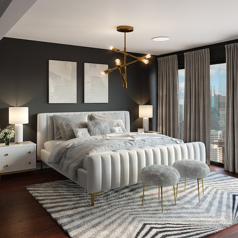 neutral coloured bedroom with stylish statement rug